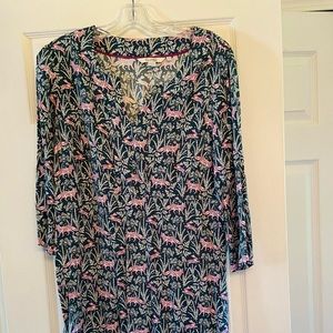 Boden 12L bunny, fox foliage print dress hunter green, ivory,purple